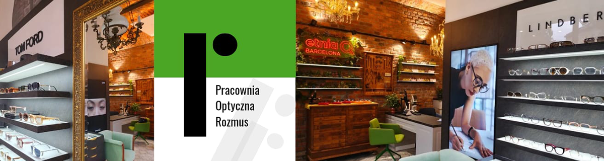 Pracownia Optyczna Rozmus - logo i wnętrze salonu optycznego w Bielsku-Białej z ekspozycją opraw okularowych